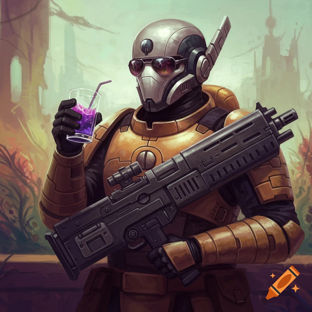 A sci-fi image of an armored figure in sunglasses drinking a purple beverage and holding a large rifle.