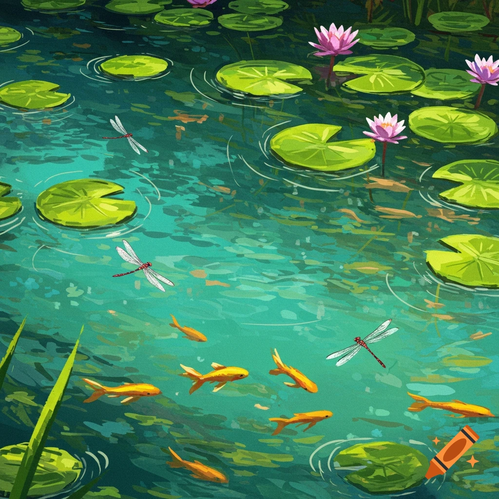 A pond with lily pads, pink water lilies, goldfish, and dragonflies.