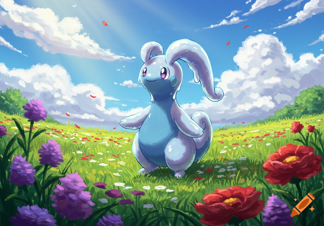 A blue Goodra stands in a sunny field filled with purple and red flowers