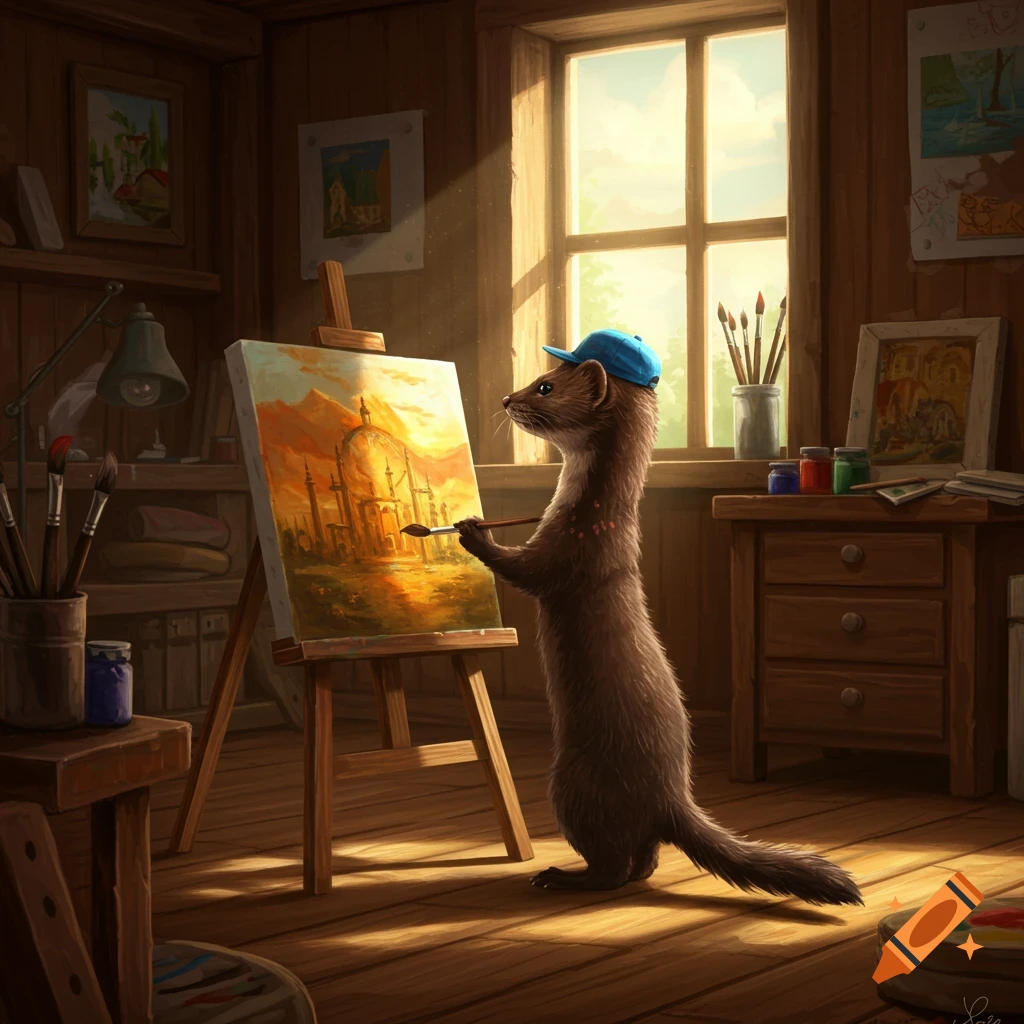 A weasel wearing a blue cap paints on an easel in a sunlit art studio.