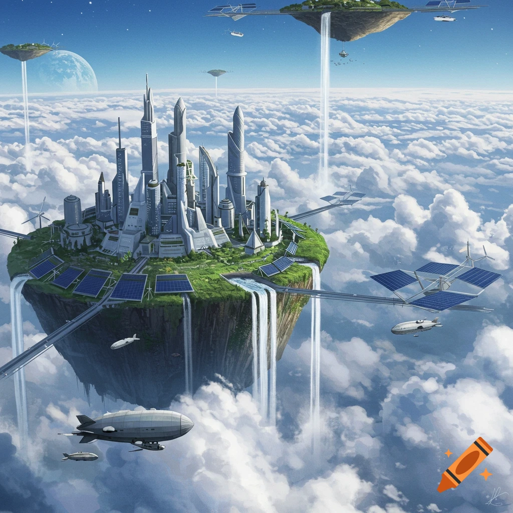 A futuristic floating city on an island above clouds with airships and waterfalls.