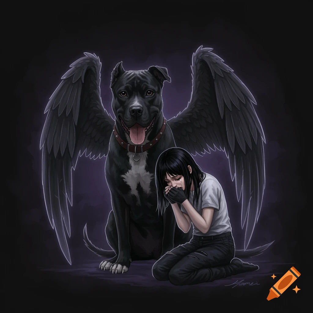 A girl crying beside a black pit bull with wings.
