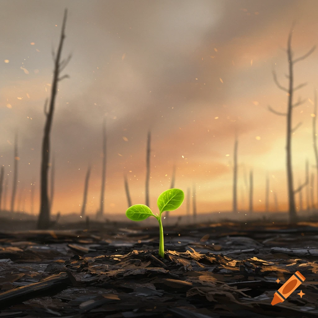 A green sprout grows from dark soil in a landscape of bare trees and smoke after a wildfire.