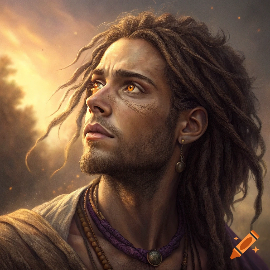 A man with dreadlocks and glowing amber eyes looks up, bathed in golden light.