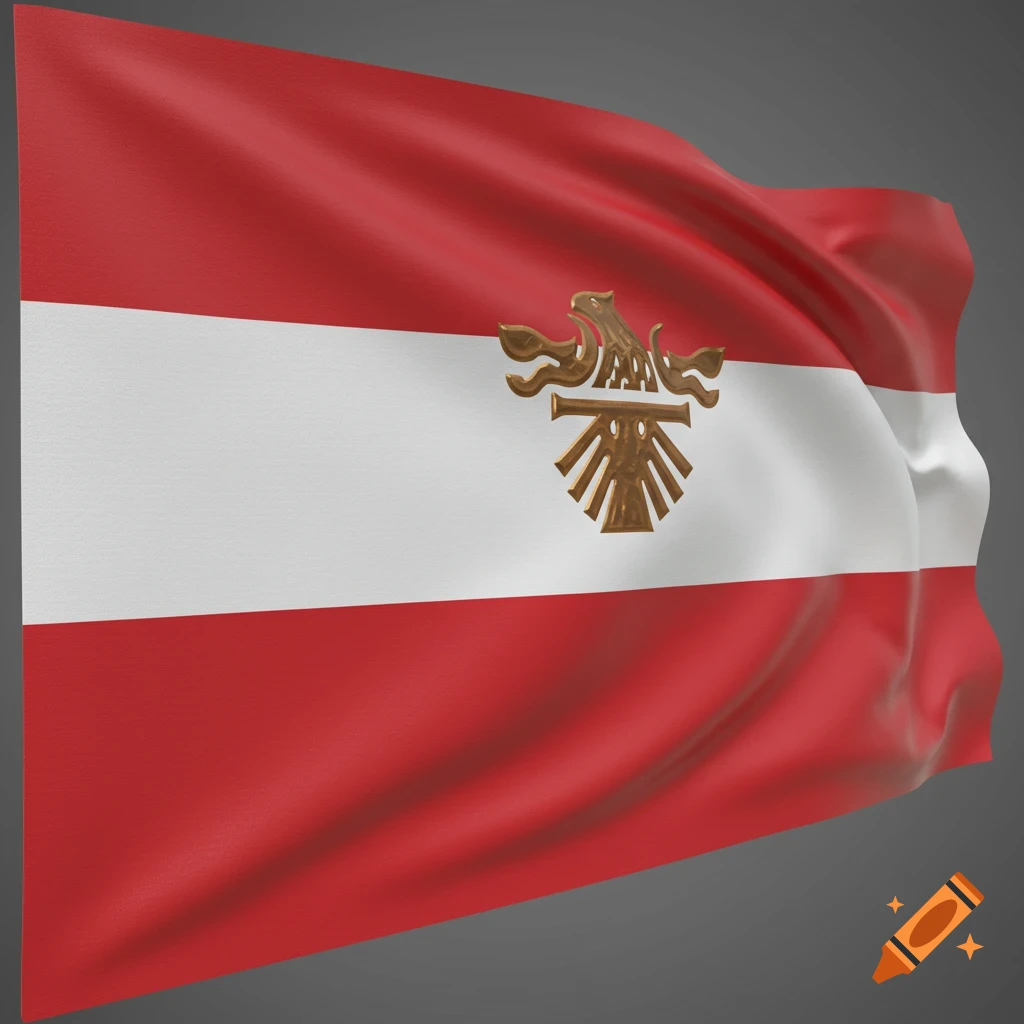 A waving flag with red stripes, a white middle stripe, and a bronze symbol in the center.