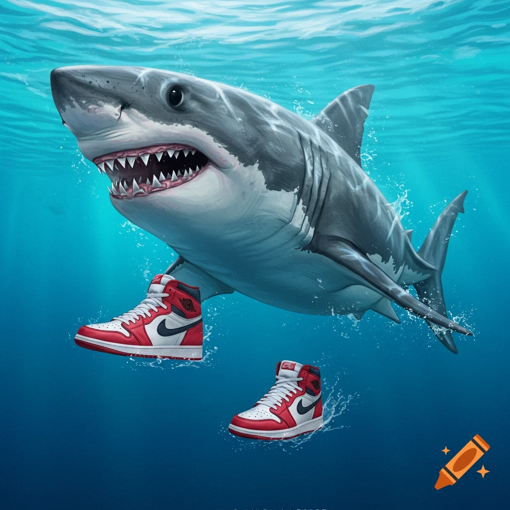 A shark wearing red and white Jordan sneakers while swimming underwater.