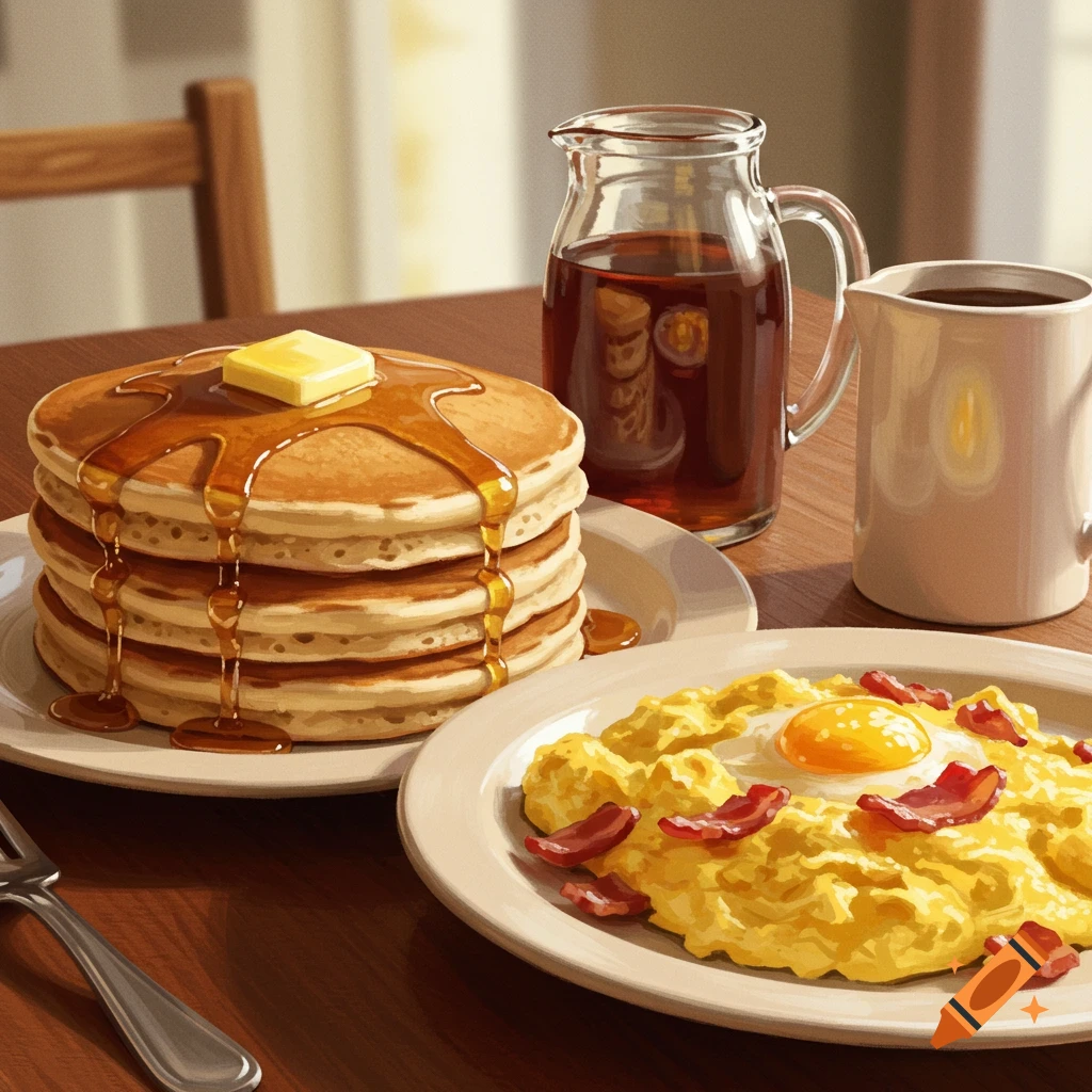A breakfast table with pancakes, scrambled eggs, bacon, syrup, and coffee.