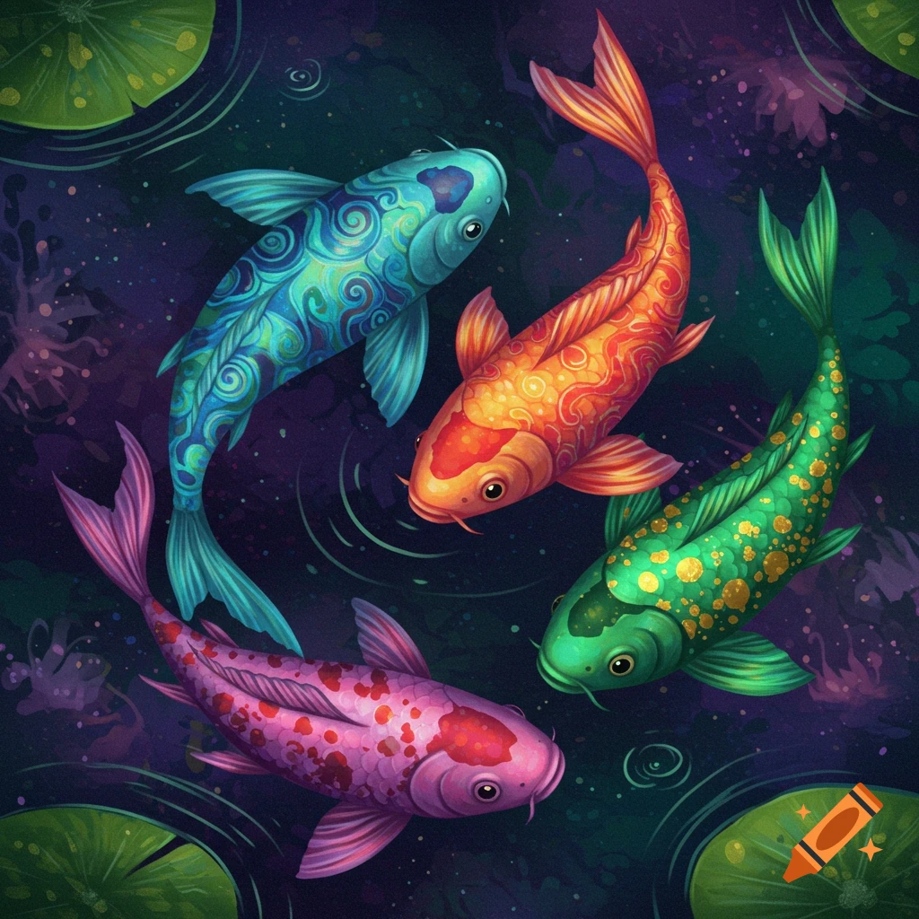 Four colorful, patterned koi fish swimming in dark water with lily pads.