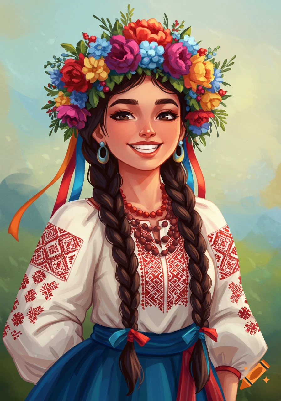 Portrait of a Ukrainian woman in a vyshyvanka shirt and floral wreath