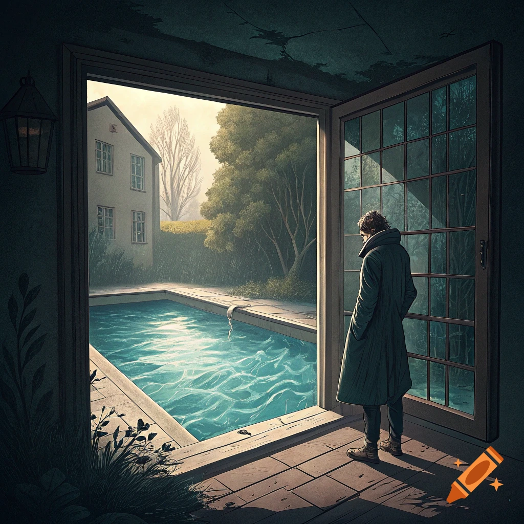 Person looks from indoors out a large open window at a swimming pool and house