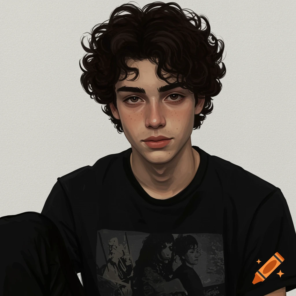 Portrait of a young man with dark curly hair, freckles, and a black graphic t-shirt.