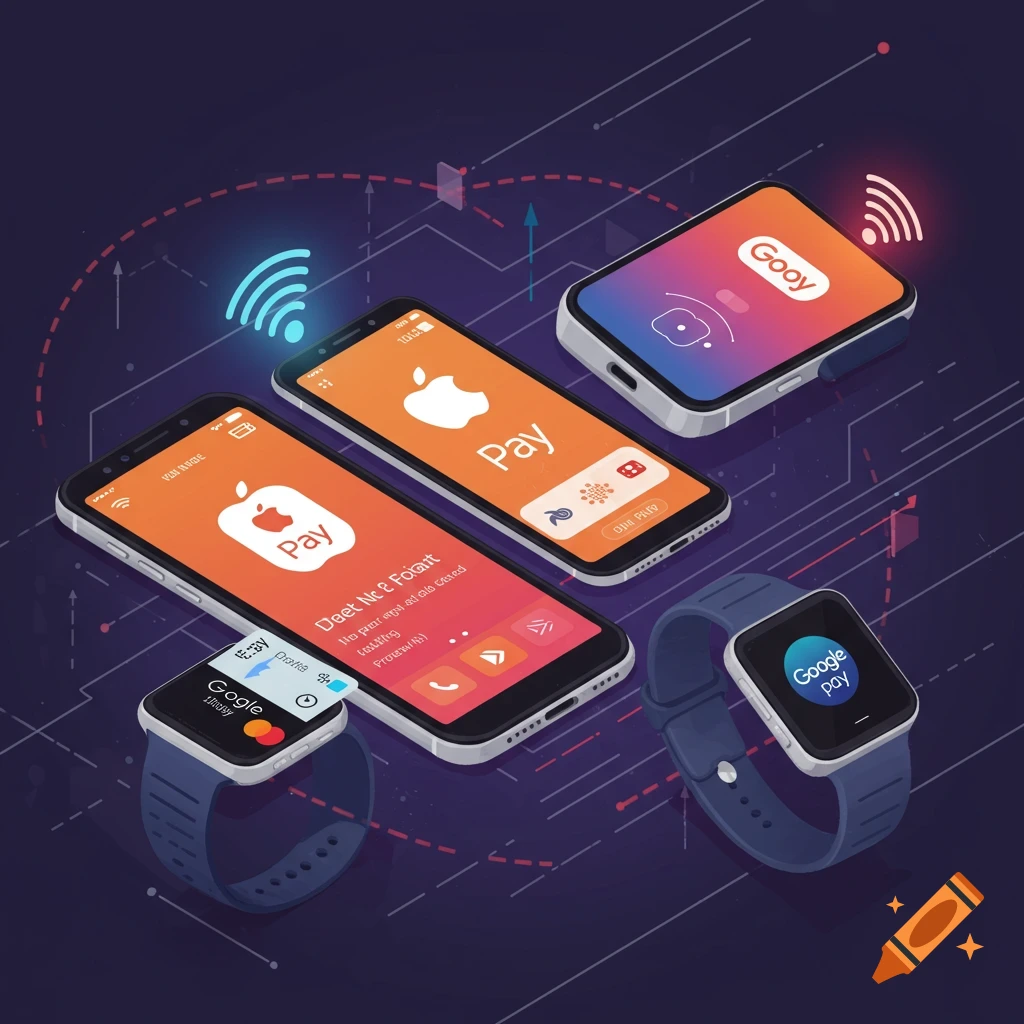 Isometric view of smartphones and smartwatches showing payment apps