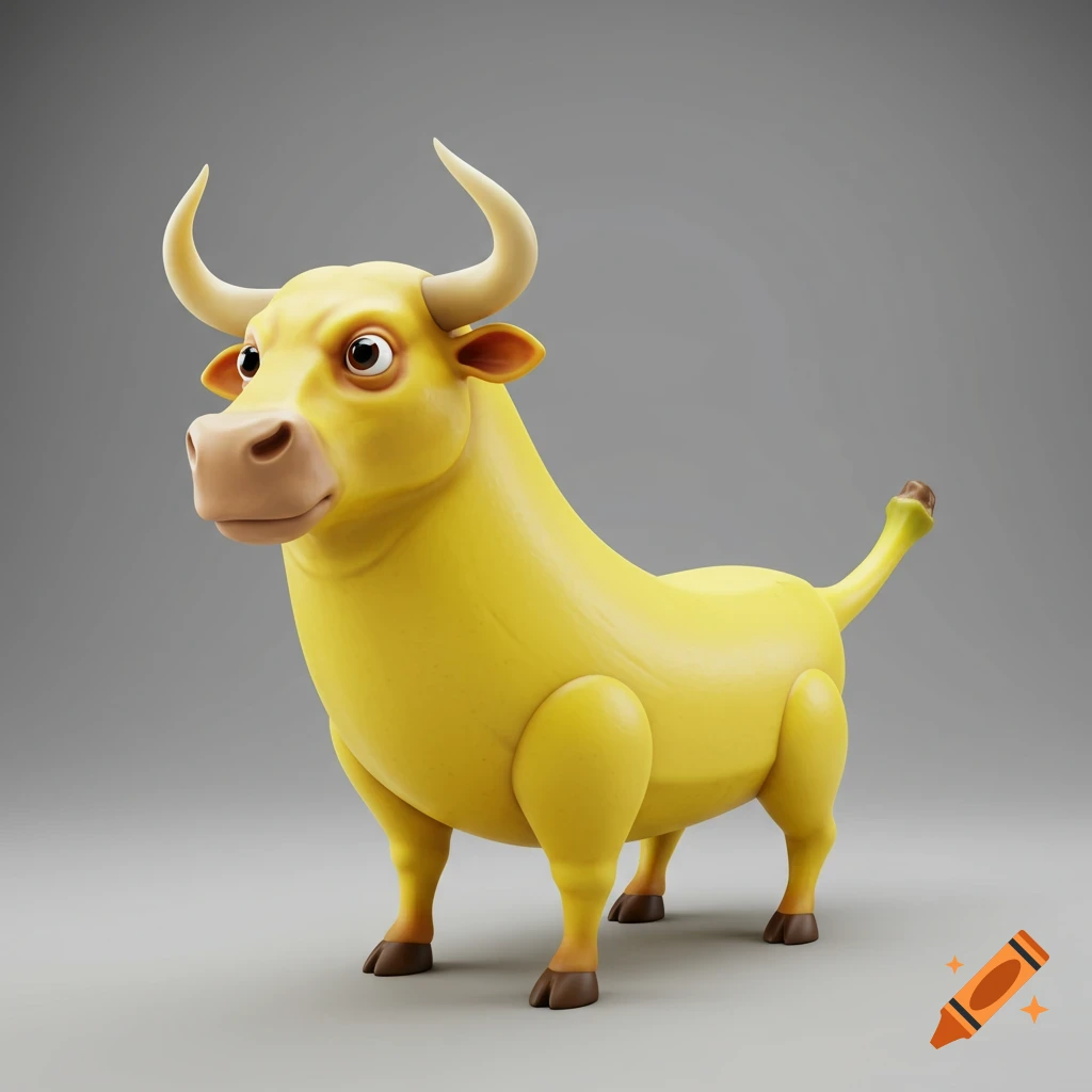 A stylized 3D render of a yellow bull that looks like a banana on a gray background.