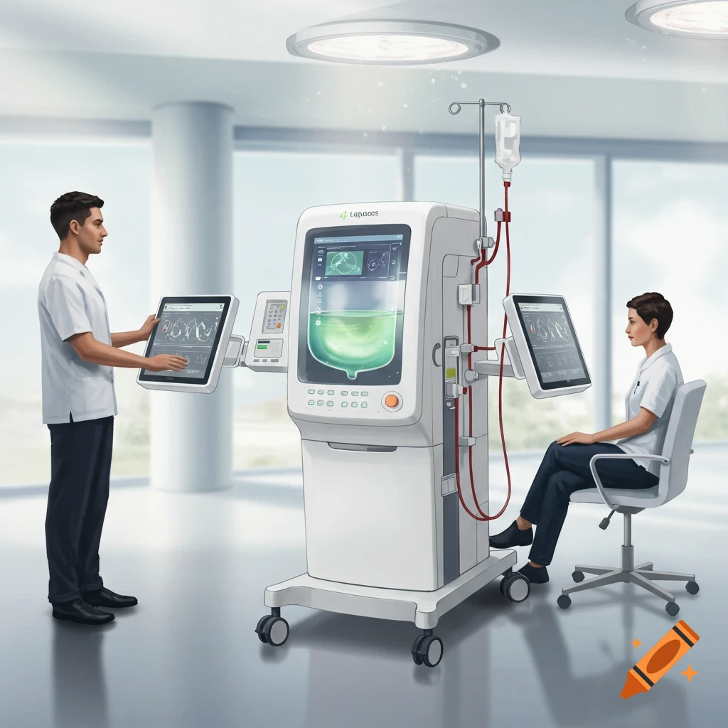 A man and woman operate a dialysis machine in a bright clinic setting.
