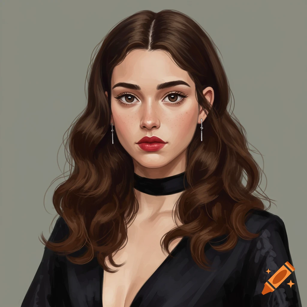 Portrait of a woman with brown wavy hair, brown eyes, and red lipstick, wearing a black dress and choker.