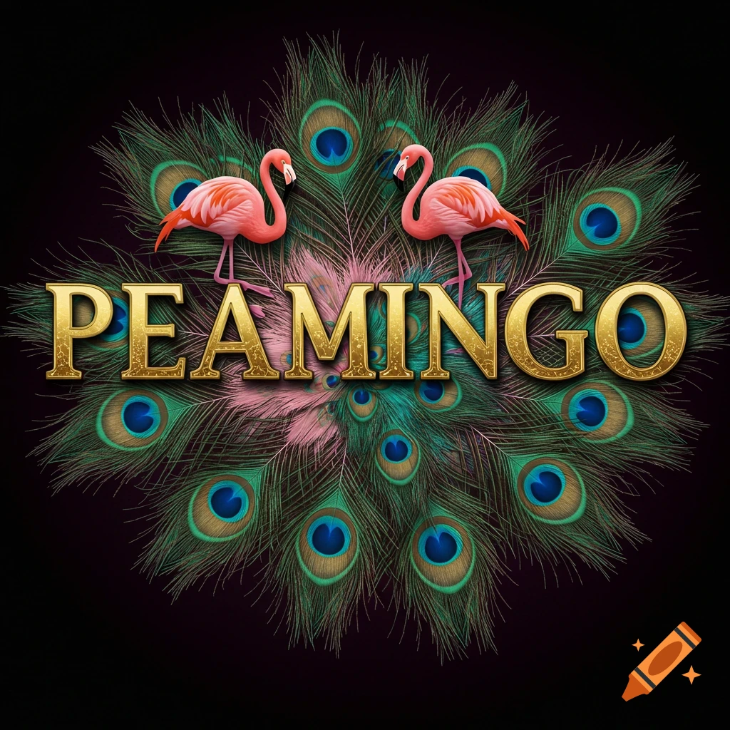 Gold text 'PEAMINGO' with two flamingos surrounded by peacock feathers.