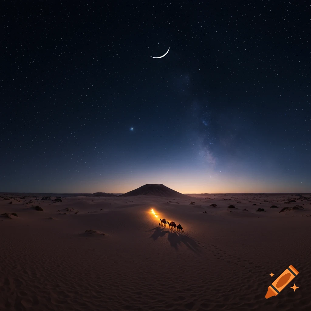 Camel caravan crossing a desert under a starry night sky with crescent moon and distant mountain, realistic photo.