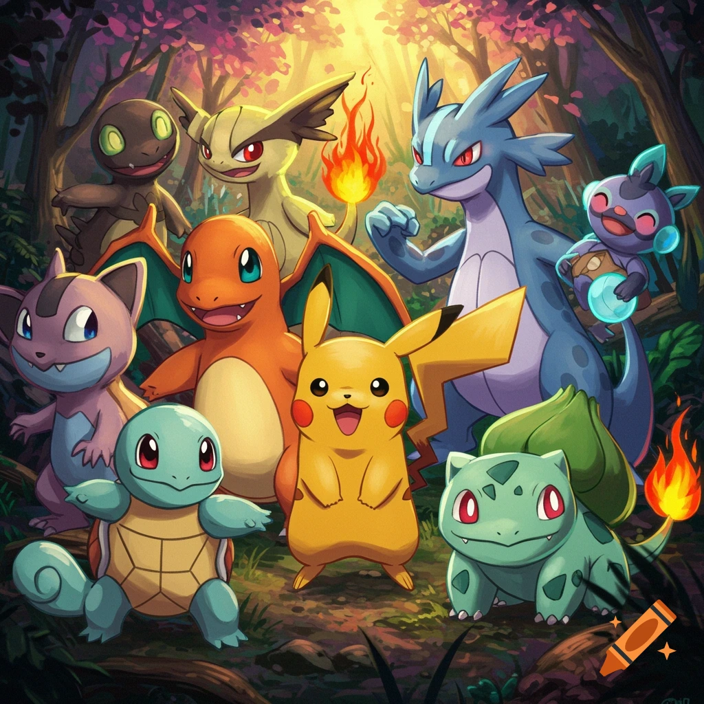 Anime-style depiction of Pikachu, Charmander, Squirtle, Bulbasaur, and other Pokemon in a vibrant forest.
