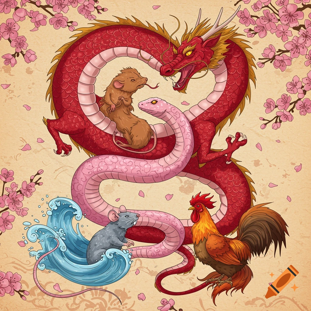 Stylized illustration of a red dragon and pink snake with two rats and a rooster surrounded by cherry blossoms and water.