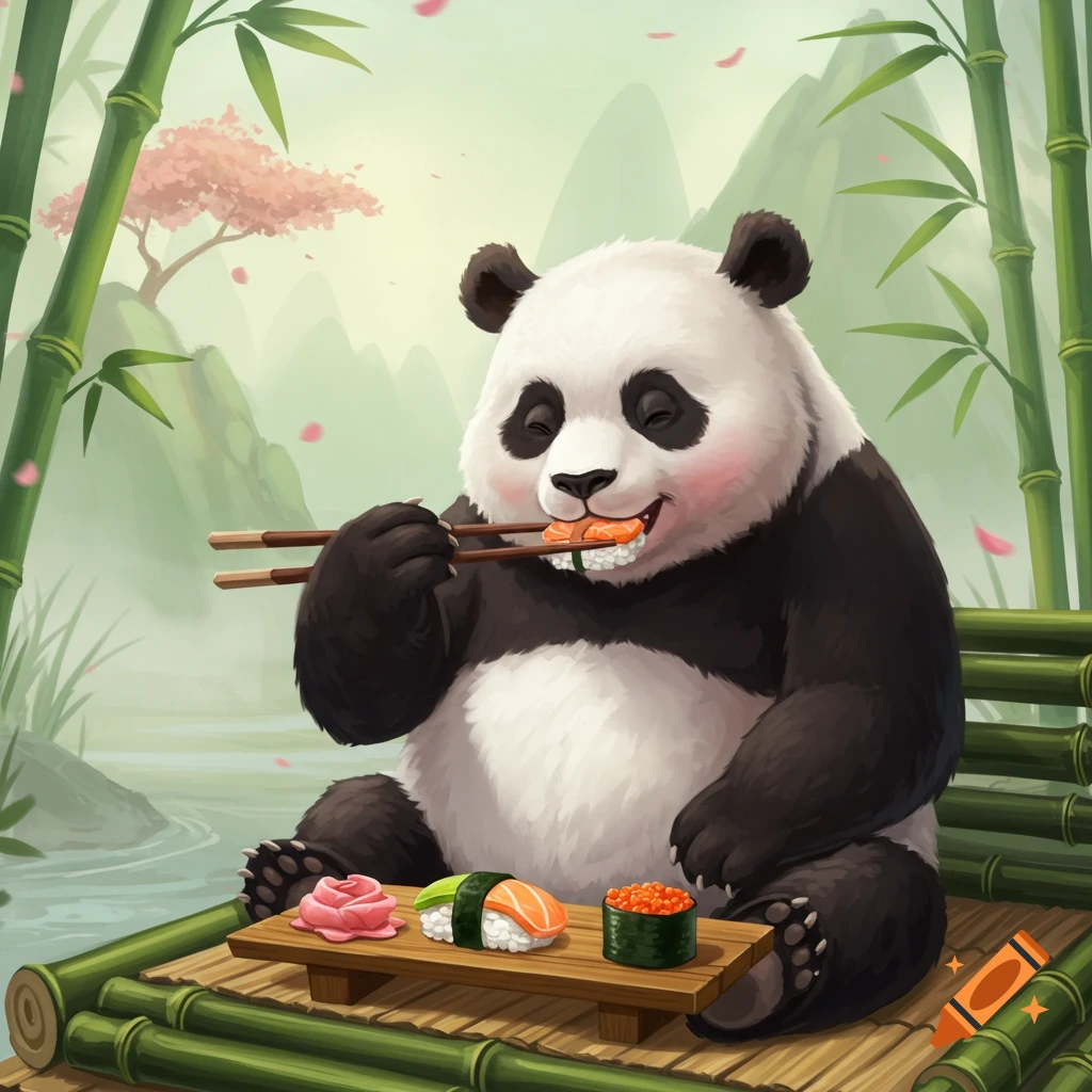 A panda eating sushi with chopsticks in a bamboo forest
