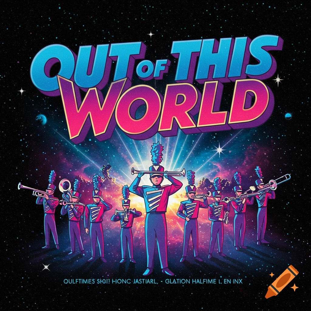 An illustration of a marching band standing in outer space under the large text 'OUT OF THIS WORLD'.