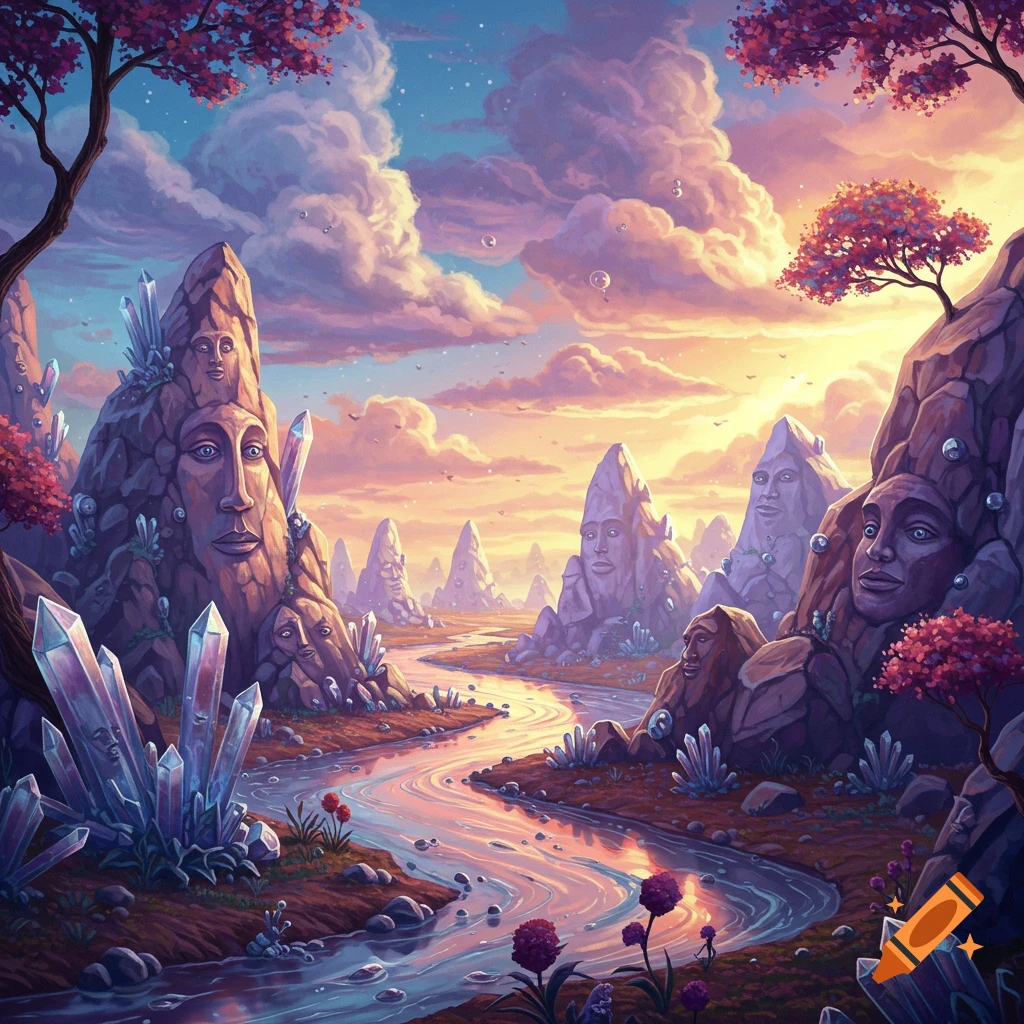 Fantasy landscape with river winding through rocks shaped like faces, crystals, and trees under a vibrant sunset sky.