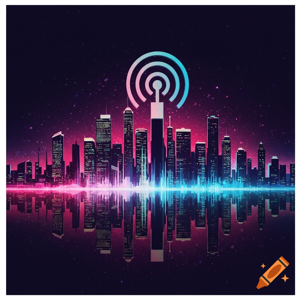 A neon-lit futuristic cityscape at night with a broadcast signal symbol above.