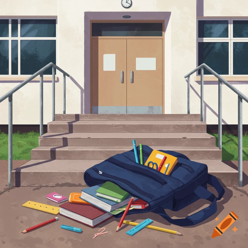 Illustration of a school entrance with stairs, a door, and a blue school bag spilling books and supplies on the ground.