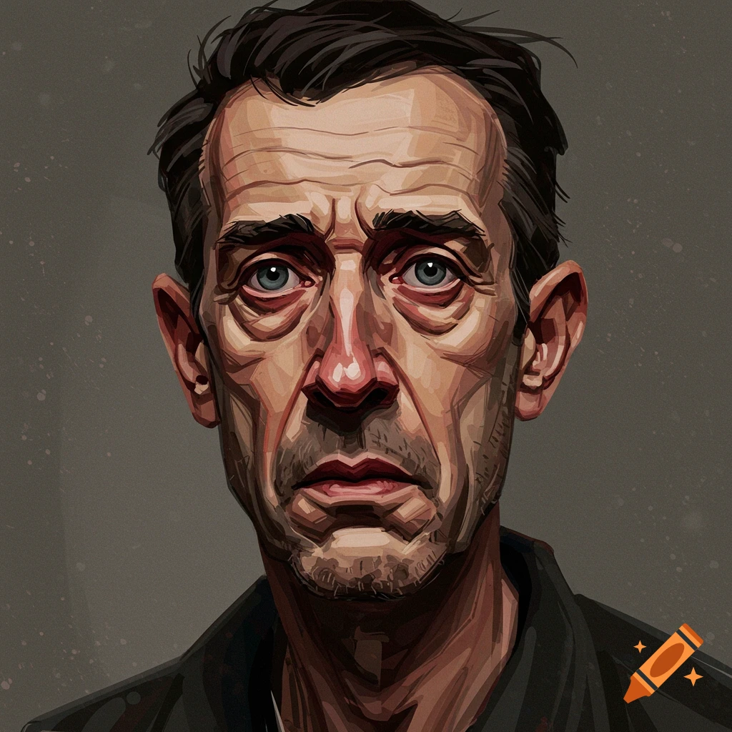 A man's face with expressive features, looking concerned, in an expressionist style.