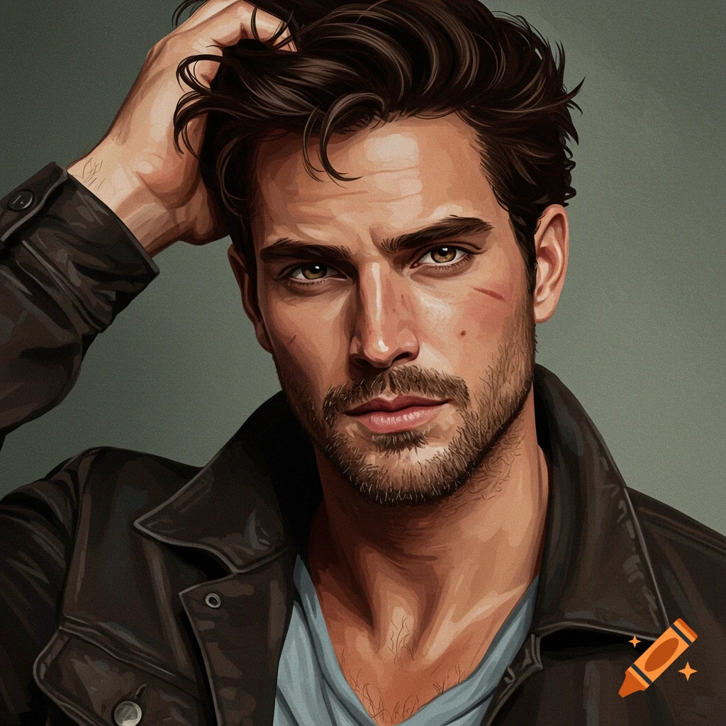 A rugged man in a leather jacket running his hand through his dark hair.