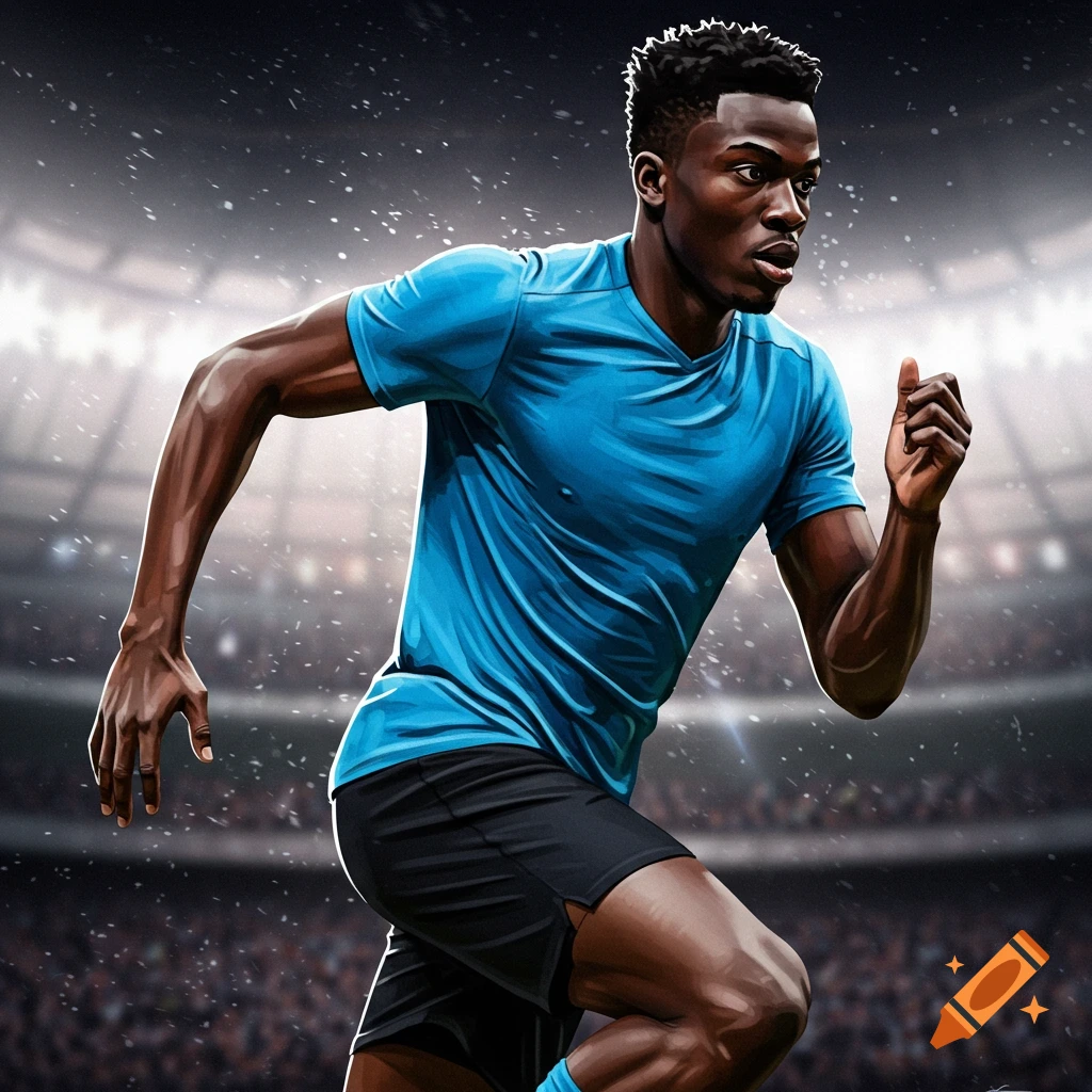 A dynamic painting of a male athlete running in a stadium.