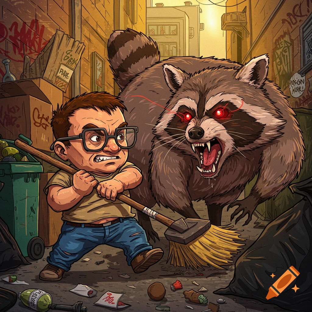 Cartoon illustration of a boy fighting a large angry raccoon in a messy urban alley.