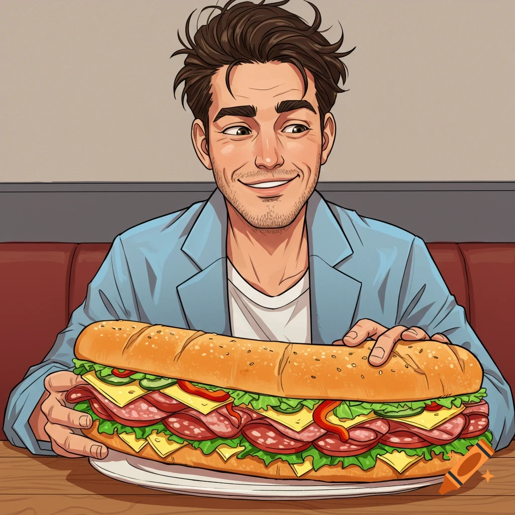 A man in a light blue jacket smiles while holding a large Italian sandwich.