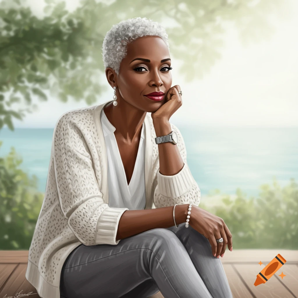 A stylish woman with grey hair is sitting outdoors by the sea.