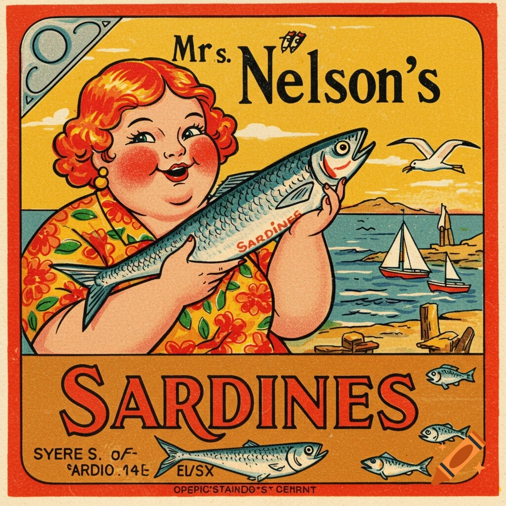 Vintage illustration of a woman holding a large fish on a sardine label.