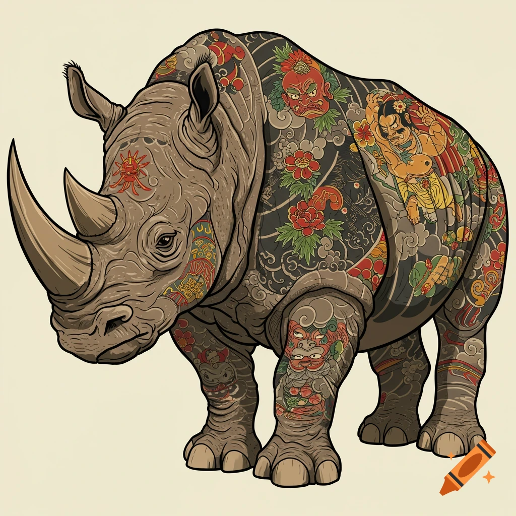 Rhino covered in detailed yakuza-style tattoos.