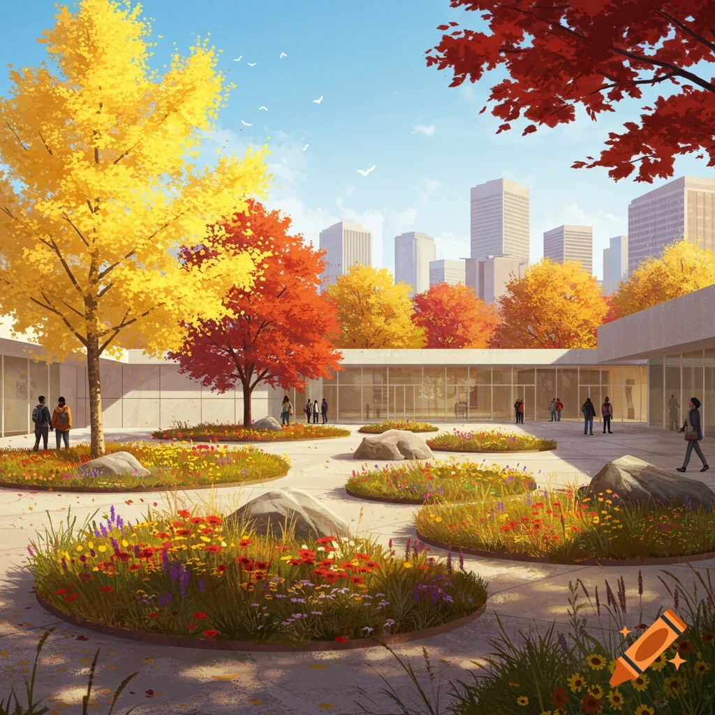 Art center courtyard with fall trees, flowers, and city skyline.