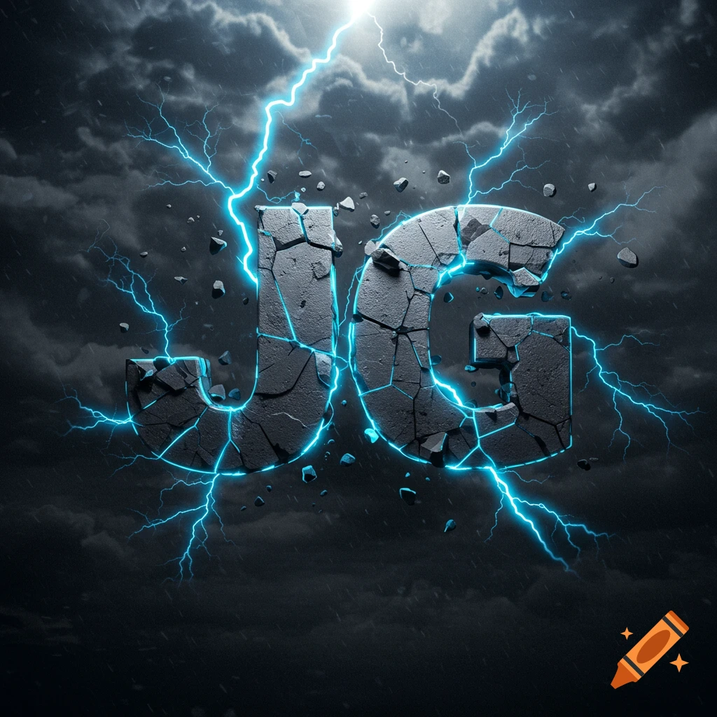Cracked stone letters JG with blue lightning in a stormy sky.
