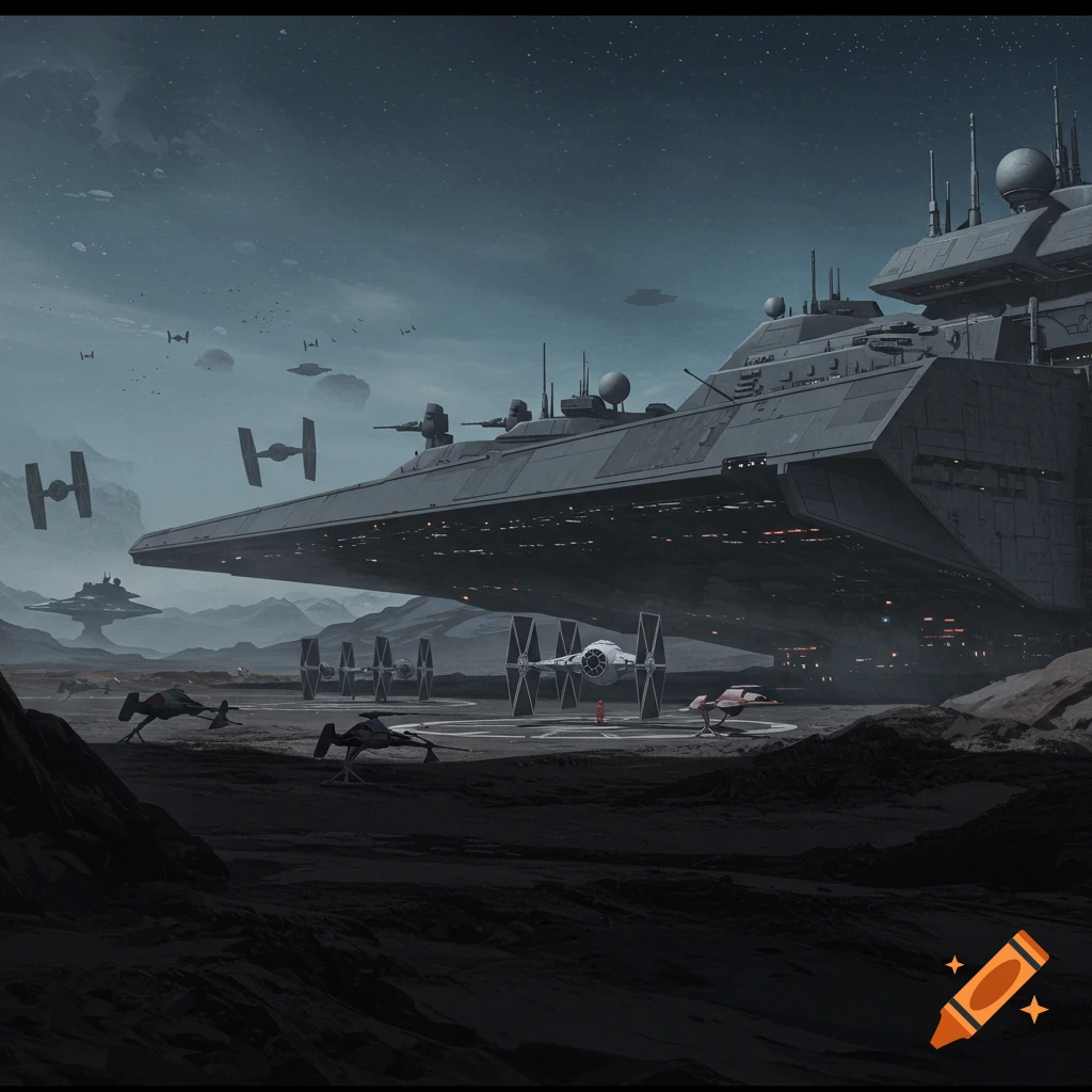 A Star Wars Imperial base with a large starship, TIE fighters on landing pads, and Imperial speeders.