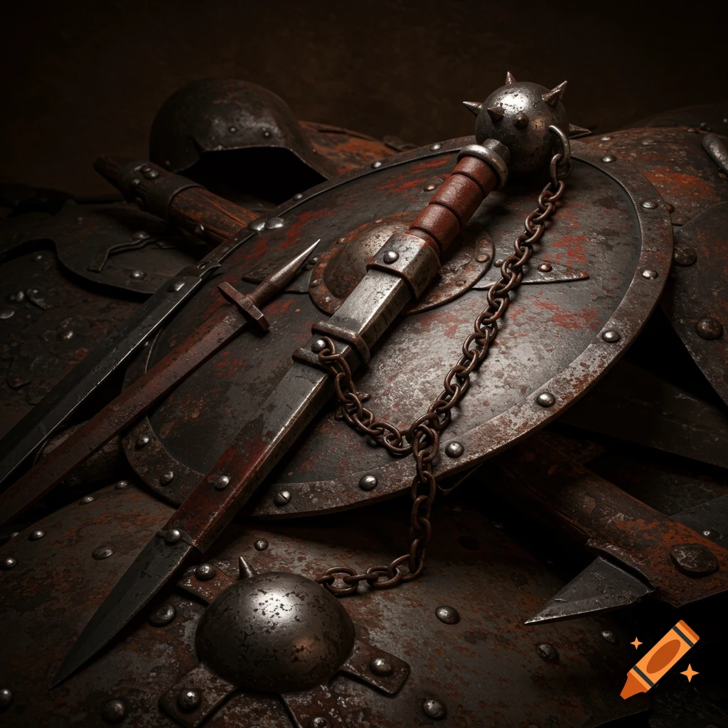 Close-up of rusted medieval mace, swords, and armor in a dark fantasy style.