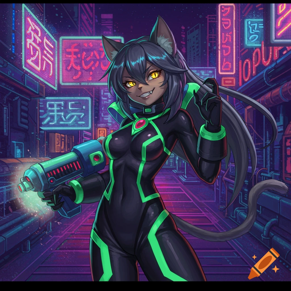 Anime cat-girl in a black and green futuristic suit holds a weapon in a neon-lit cyberpunk street.