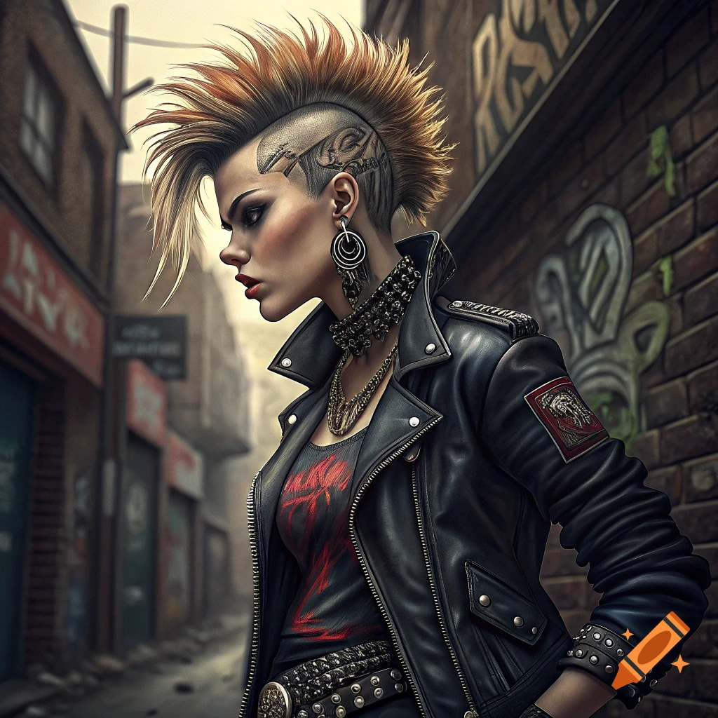 A profile view of a woman with a punk mohawk in a leather jacket standing in an alleyway with graffiti.