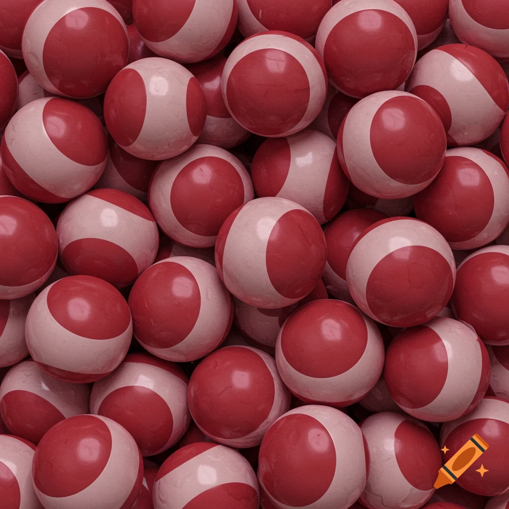 Close-up of many red and white patterned balls.