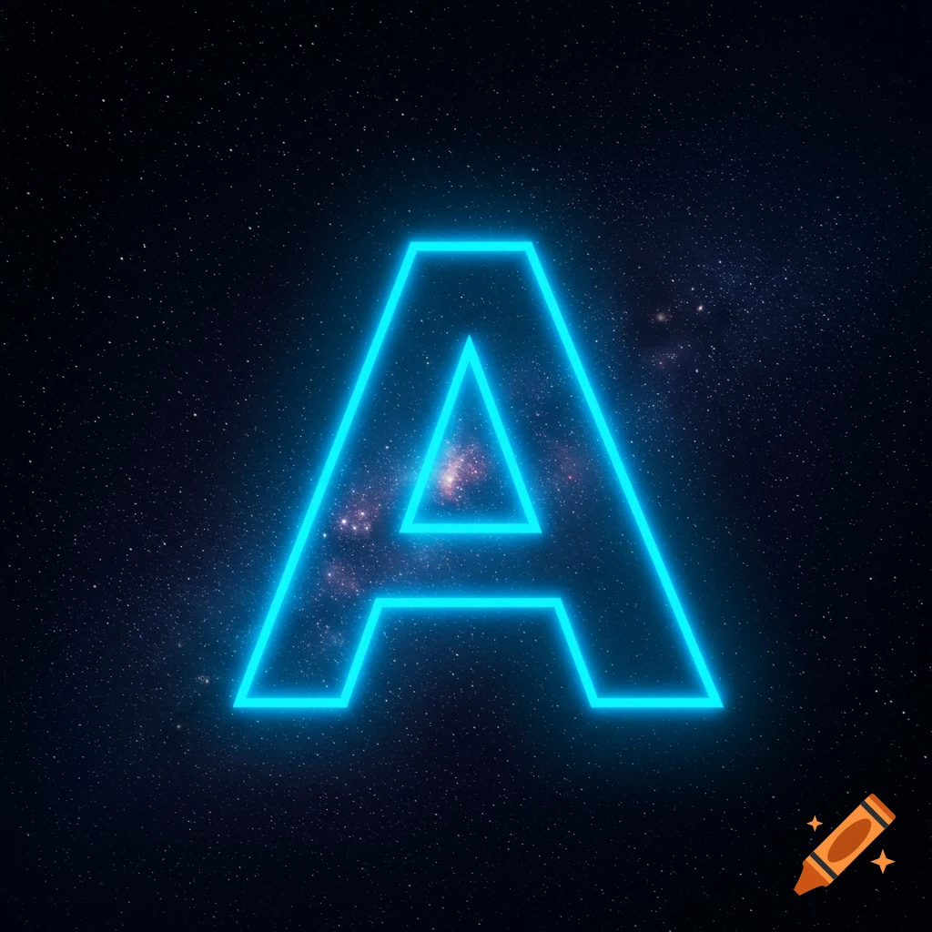 Neon blue letter A against a starry space background.