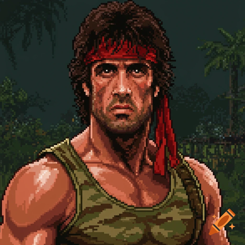 Pixel art portrait of Rambo in a jungle background.