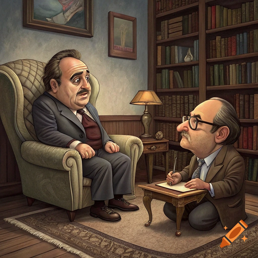 Caricature of two men in a therapy room, one seated in a chair, the other kneeling and writing.