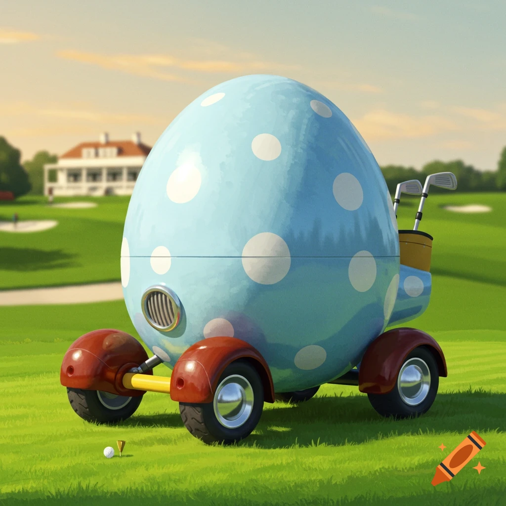A polka-dotted, egg-shaped golf car is on a green golf course.