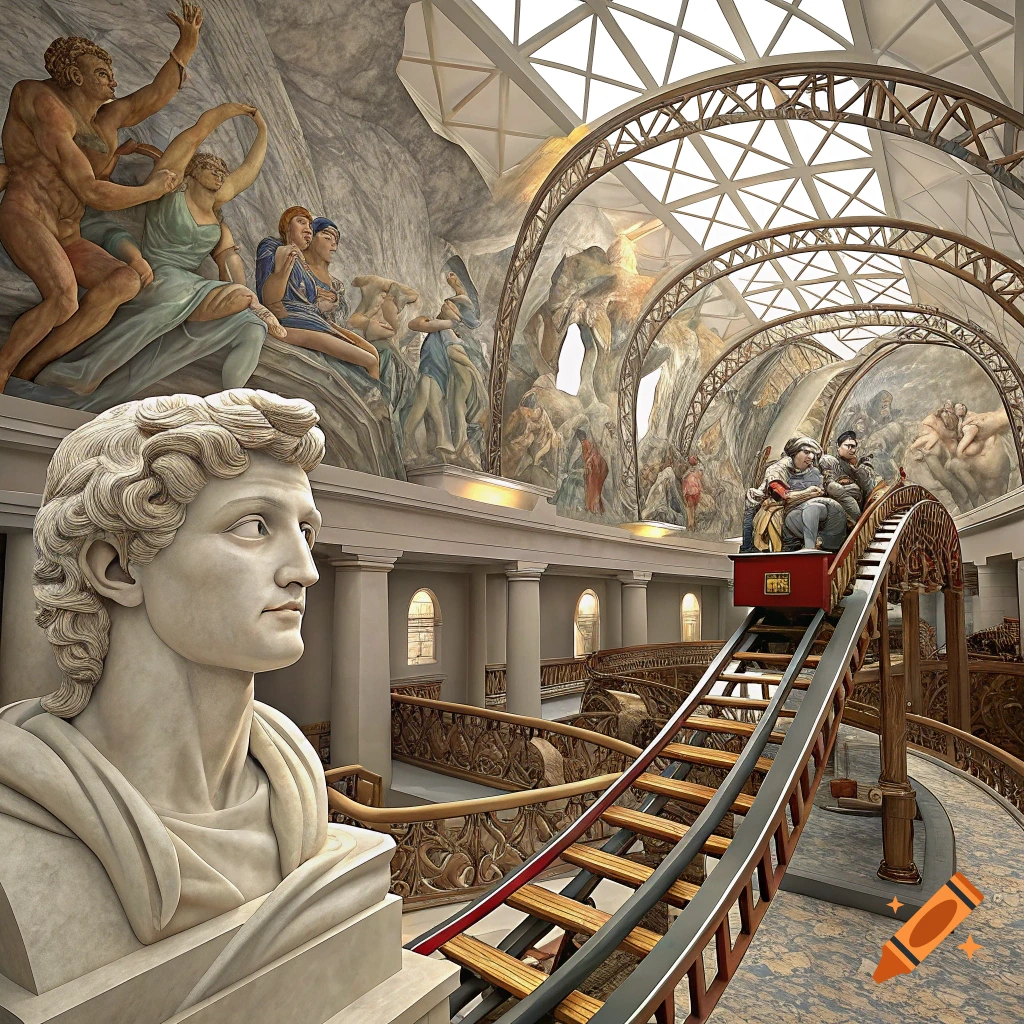 Roller coaster ride inside a museum-like building with classical statues and large murals