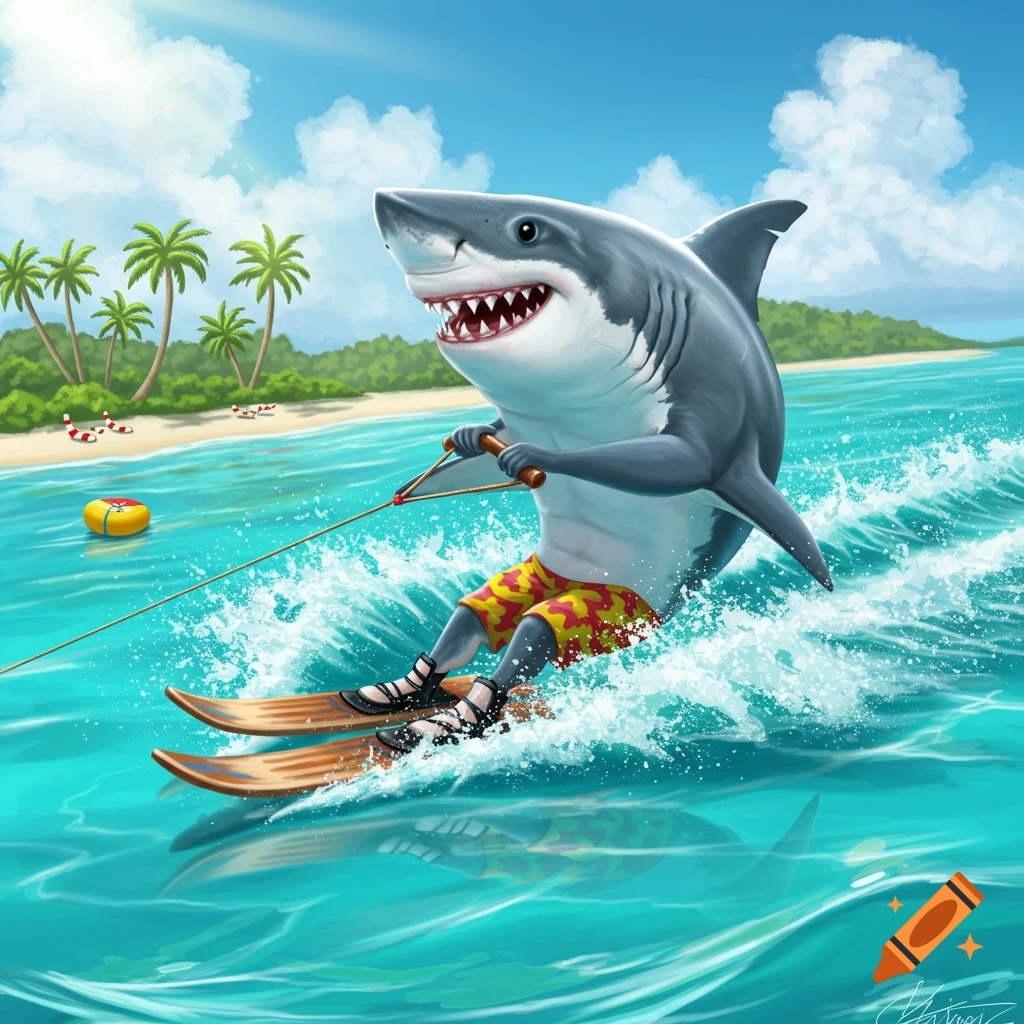A shark waterskiing by a tropical beach