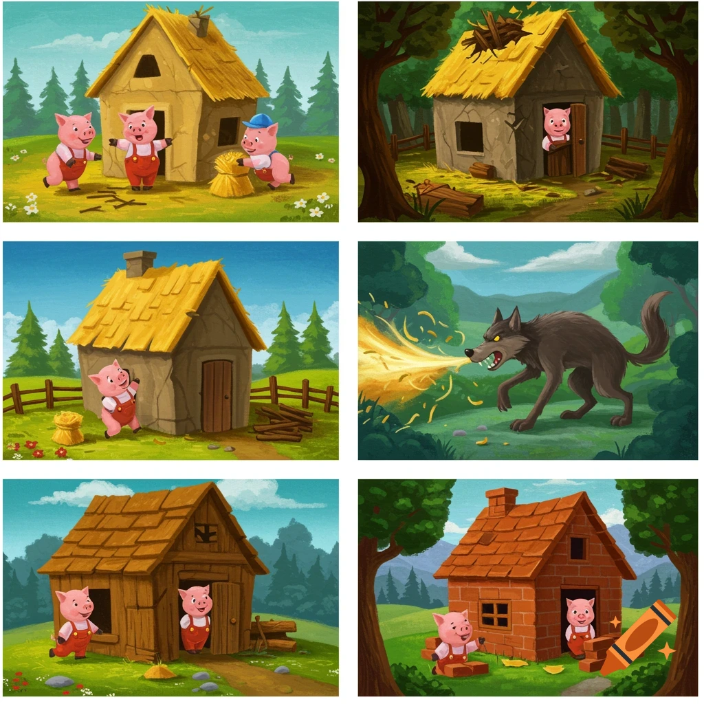 Six cartoon panels illustrating The Three Little Pigs story with pigs, houses, and a wolf.